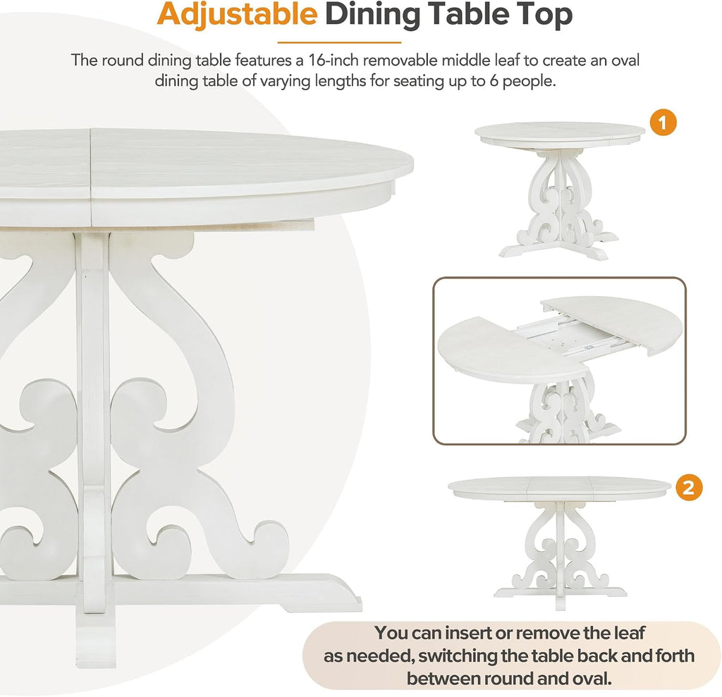 Extendable Dining Table Set for 4-6, Farmhouse Kitchen Table Set with Extendable Round Dining Table & 4 Upholstered Chairs, Solid Wood Table and Chairs Set for Kitchen, Dining Room, Antique White