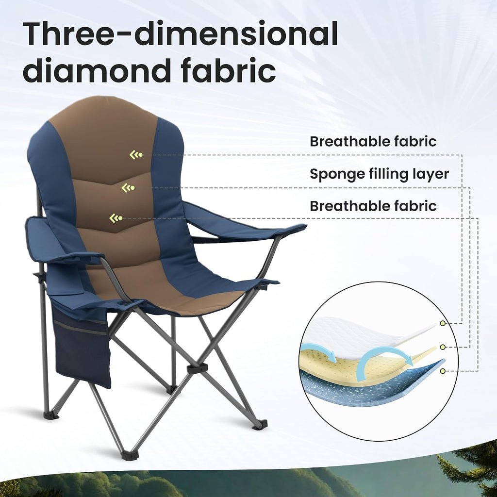 2 Pack Folding Camping Chairs for Adults - High Back Padded Outdoor Lawn Chairs with Lumbar Support & Cup Holder, 400lbs Heavy Duty Portable Camping Chairs Set (Light Blue & Brown, 2 PCS)