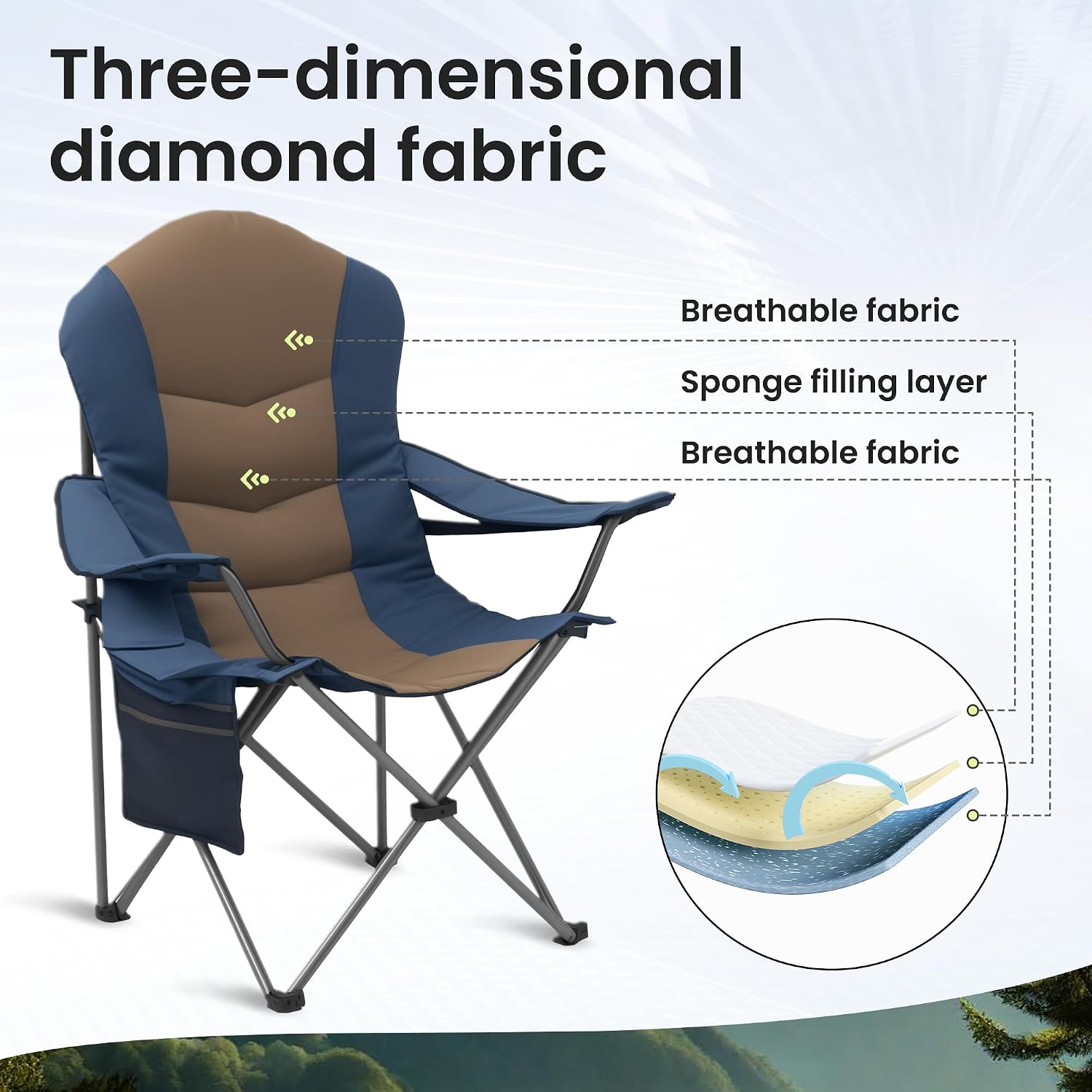 2 Pack Folding Camping Chairs for Adults - High Back Padded Outdoor Lawn Chairs with Lumbar Support & Cup Holder, 400lbs Heavy Duty Portable Camping Chairs Set (Light Blue & Brown, 2 PCS)