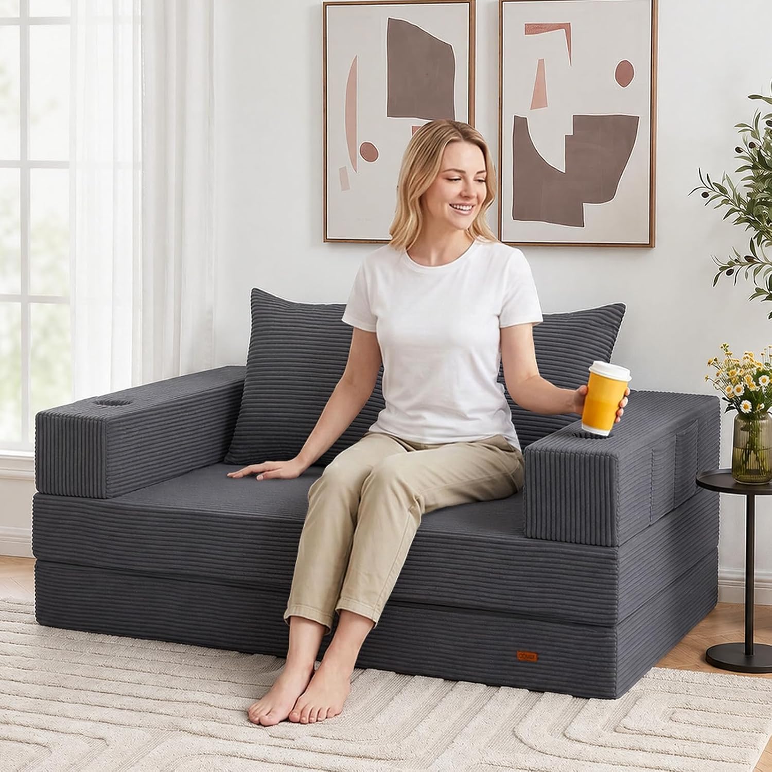 COMAX Futon Sofa Bed, Convertible Sofa Bed, Folding Couches | Low-Profile Small Couch for Living Room, 11.8" H Low Seat 59" Foldable Floor Sofa Lounge Space‑Saving