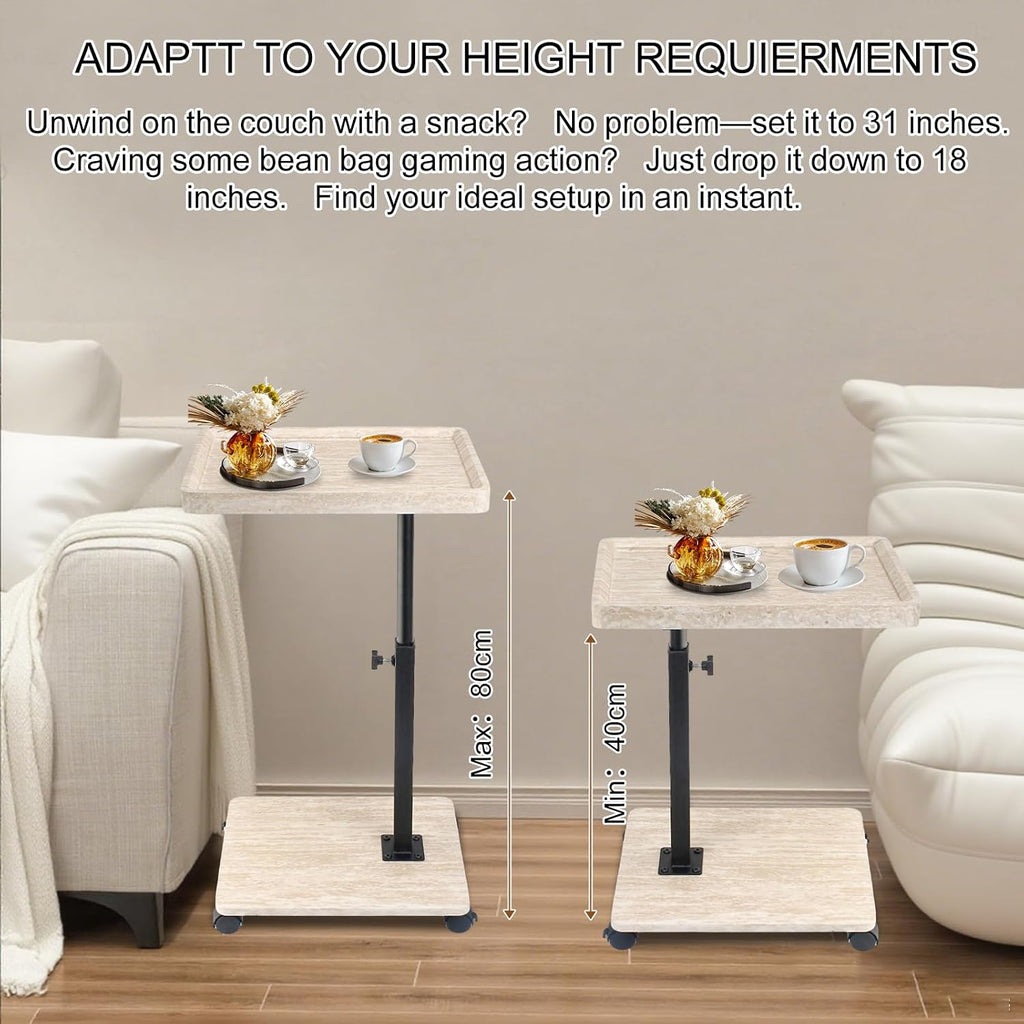 Simcat Adjustable Height C Shaped End Table, 360° Swivel Side Table TV Tray for Small Place, Couch Tables with Wheels Sofa, Bed, Chair (White Grain)
