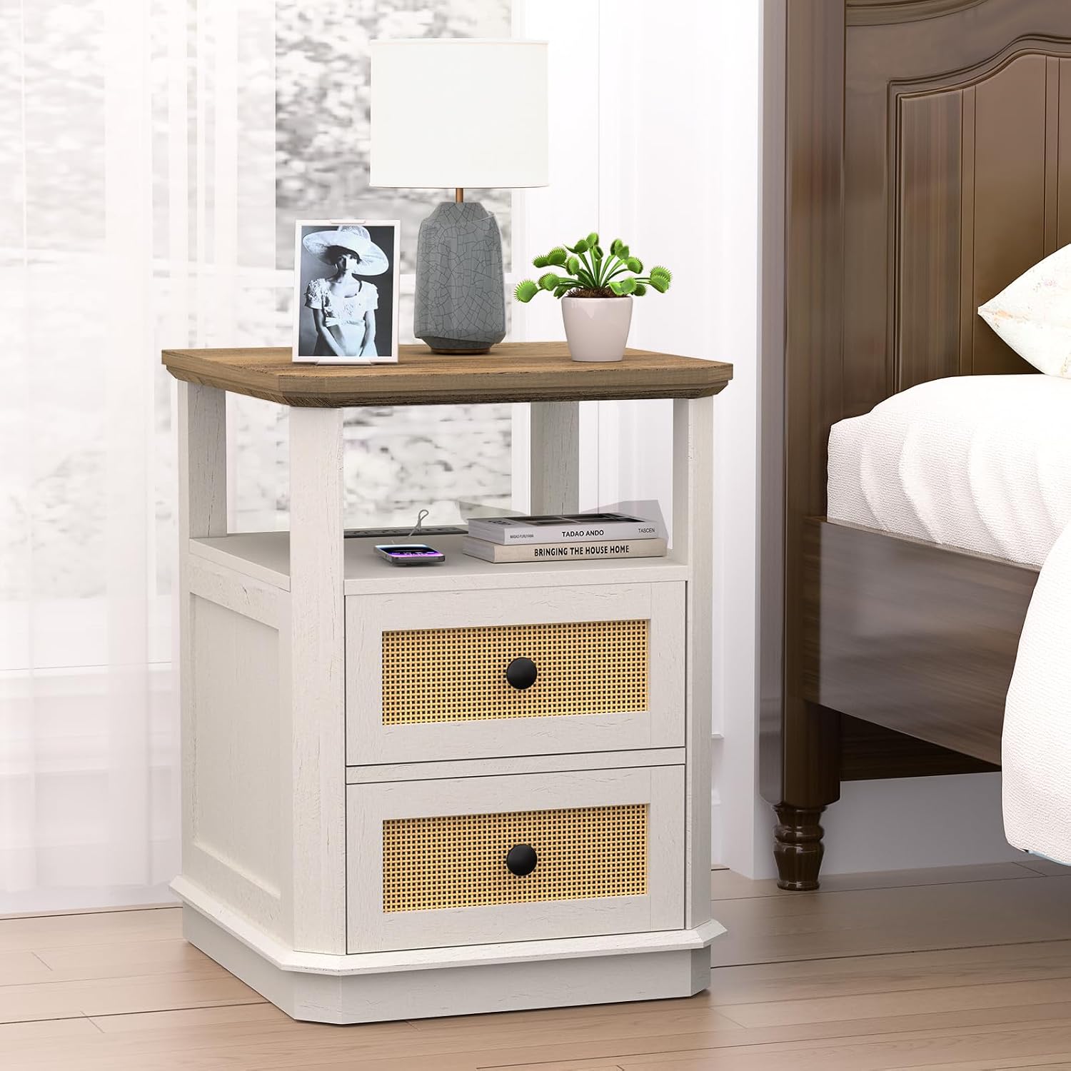 REDAYFUR End Table with Charging Station, 18" Small Modern Farmhouse Nightstand with Rattan Drawers, Tall Bedside Table & 2-Drawer Dresser for Bedroom, Living Room, Hallway, White