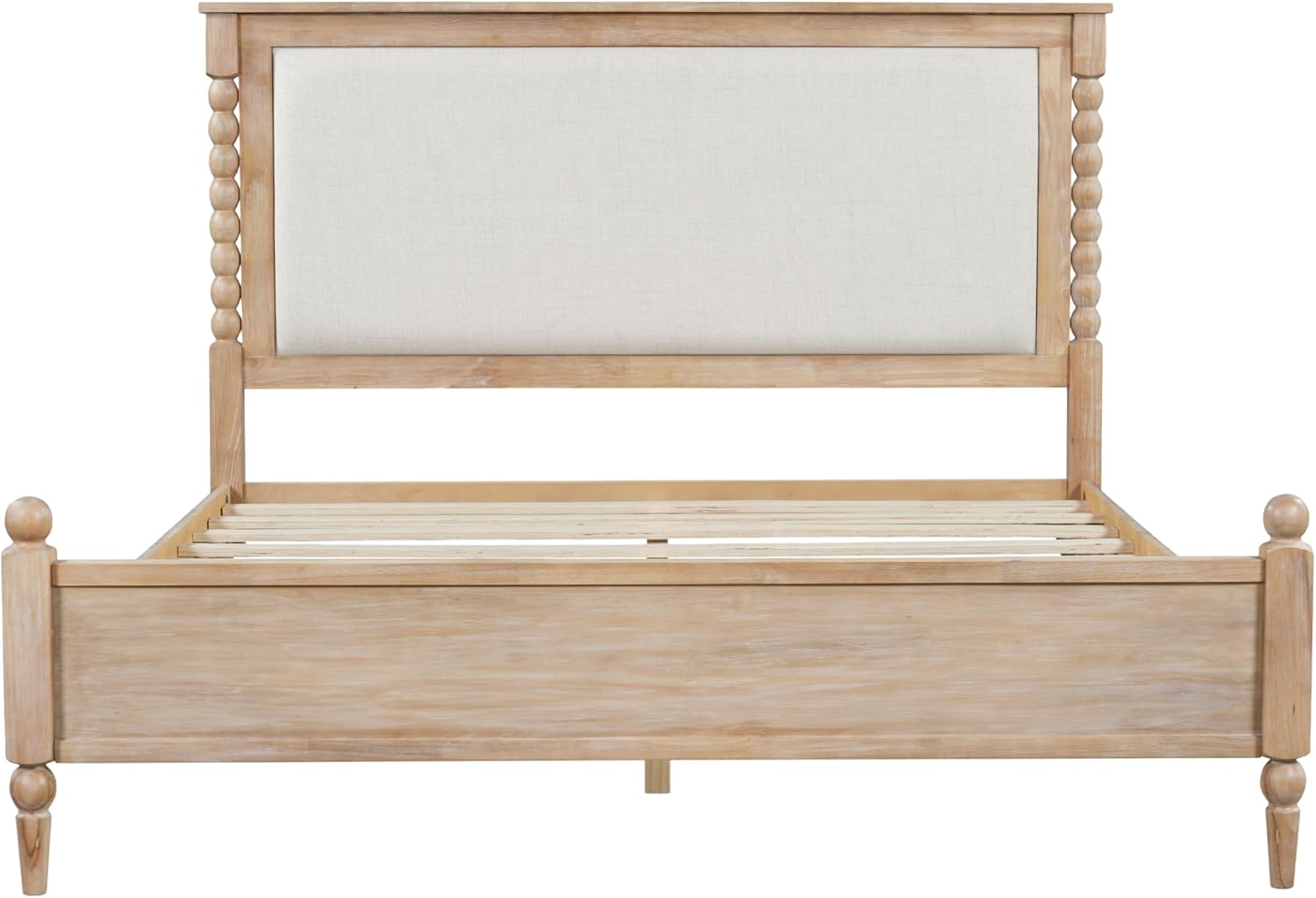 Merax Queen Size Solid Wood Platform Bed Frame, Upholstered Headboard & Classic Spindle & with Fabric Panel, No Box Spring Needed, 500 lbs Capacity Timeless Traditional for Bedroom, Natural