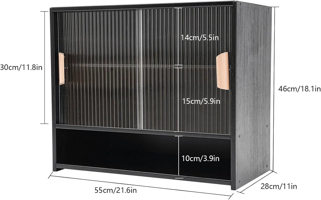 Countertop Storage Cabinet with 2 Sliding Striped Glass Doors, Freestanding Kitchen Bamboo Pantry Sideboard with Adjustable Shelf, Black Utility Cupboard for Home Bar, Coffee Bar