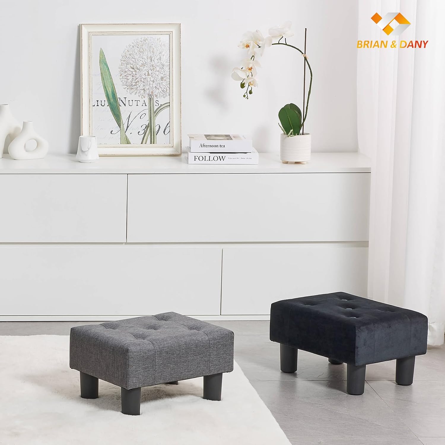 BRIAN & DANY Small Foot Stool, Linen Foot Stools with Legs, Stable Small Footstool for Living Room, Gray