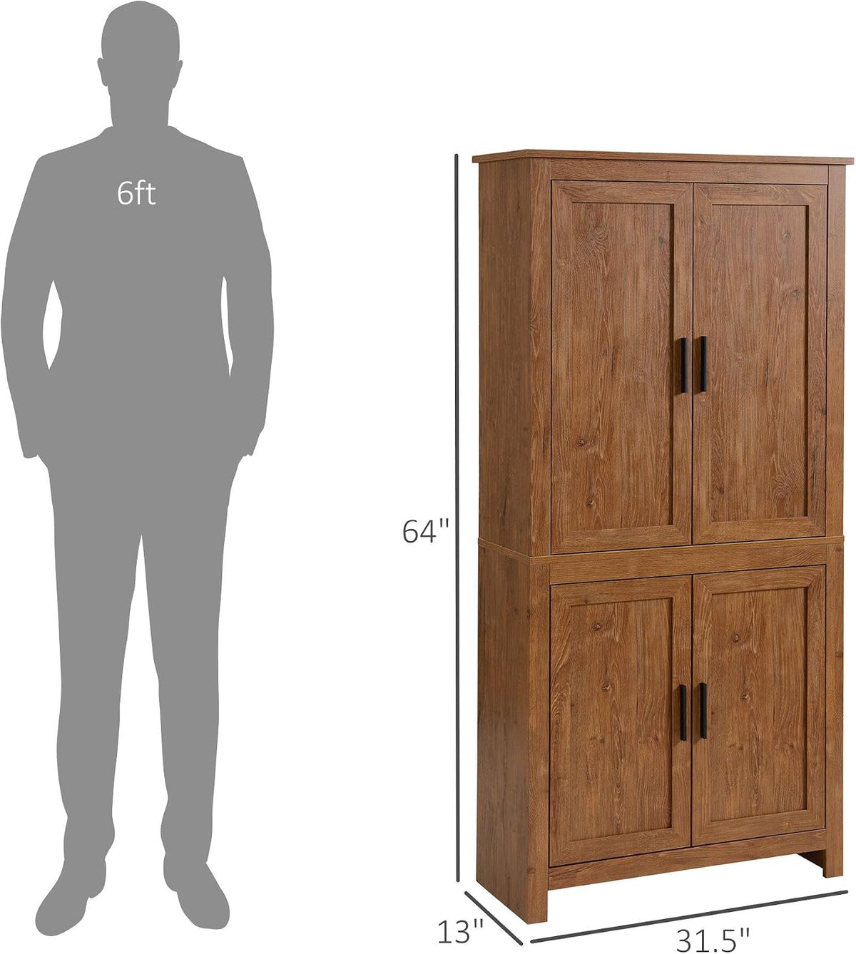 64in Tall Freestanding 4-Door Kitchen Storage Pantry Cabinet with 5-Tier Interior Shelves 3 Adjustable 88lb Maximum Capacity Oak Finish