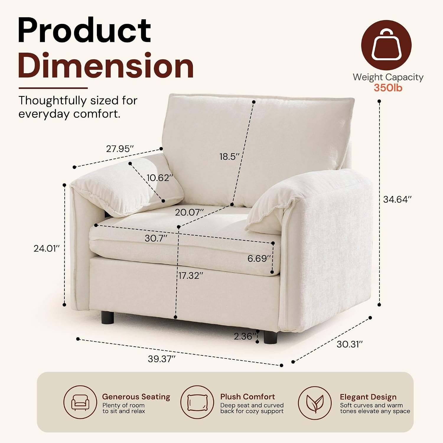 Korser Oversized Accent Chair, 39.3" Wide Arm Chairs for Living Room & Bedroom, Modern Lounge Chair, Upholstered Mid-Century Reading Chair, Comfy Living Room Chair, Single Sofa Chair, Chenille, Beige