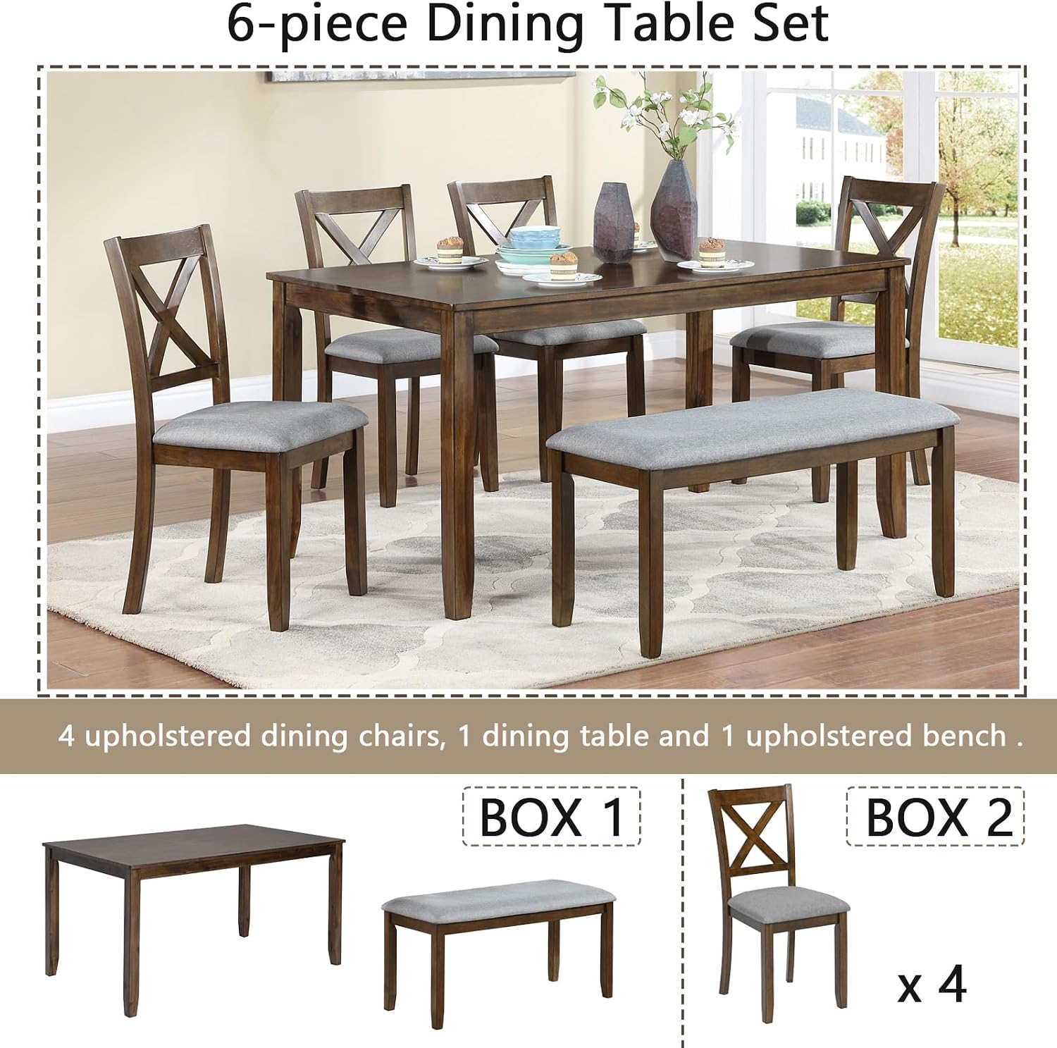 Harper & Bright Designs 6-Piece Dining Table Set with 4 Chairs and Bench, Modern Wood Kitchen Table Set for Dining Room, Breakfast Nook or Small Spaces, Walnut