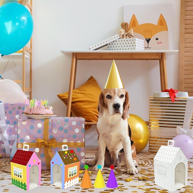 Cinrobiye 24 Sets Adopt a Puppy Party Favors DIY Dog Party Boxes Set Make Your Own Puppy Adoption Party Supplies with Dog House Treat Gift Boxes Dog Collar Necklace for Birthday Craft