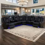 Power Recliner Sofa Sectional Sofa with LED Light for Living Room, Air Leather Reclining Corner Sectional Sofa Set, Cup Holder, Storage Console for Home Theater Seating (Black, Sectional)