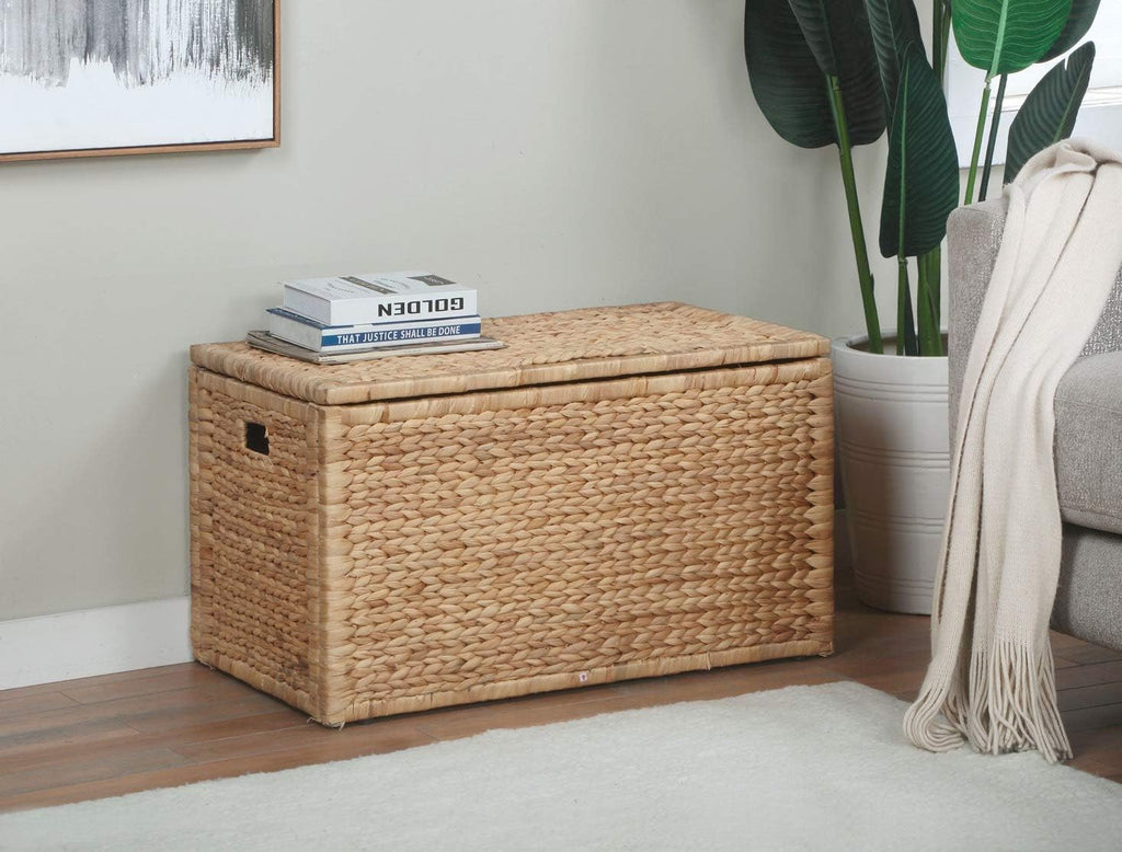 eHemco Water Hyacinth Wicker Storage Trunk, Natural, 30x17.5x17.5 Inches | Safety Hinge, Metal Frame, Decorative Blanket Chest & Storage Box, Farmhouse Woven Storage, For Living Room & Entryway