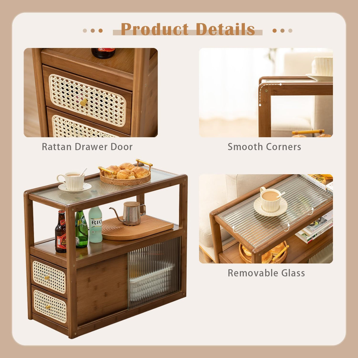 SOBIBO Bamboo Side Table Nightstand with Rattan Drawer & Glass Top – Multi-Function End Table, Nightstands with Storage for Bedroom, Living Room, and Small Spaces, Walnut