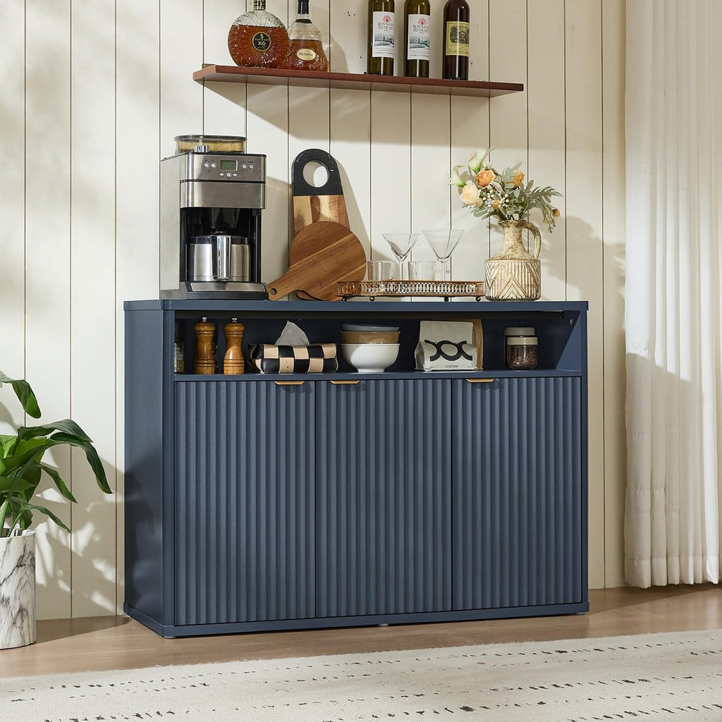 LEYAOYAO Fluted Buffet Cabinet with Storage, 45" Wide Wood Sideboard Credenza with 3 Doors & Open Storage Shelf, Modern Kitchen Console Accent Cabinets, Coffee Bar Table for Dining Room, Dark Blue