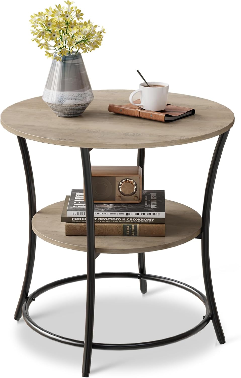 WLIVE Side Table, Round End Table with 2 Storage Shelves for Living Room, Bedroom, Nightstand with Steel Frame for Small Spaces, Accent Coffee Table, Light Grey