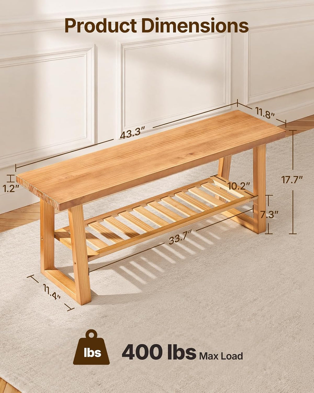 Amada 43 Inch Solid Pine Wood Bench, Entryway Bench with Shoe Storage Shelf, Farmhouse Indoor End of Bed Bench, Rustic Bench for Hallway, Bedroom, Living Room, Dining Room