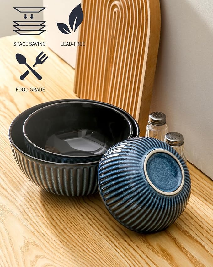 Hasense Mixing Bowls of 3, Porcelain Ribbed Bowls 1.5/1/0.5 Qt For Kitchen, Cooking, Baking and Serving Prep Bowls for Salad, Pasta, Modern Kitchen Dish Dishwasher & Microwave Safe, Blue