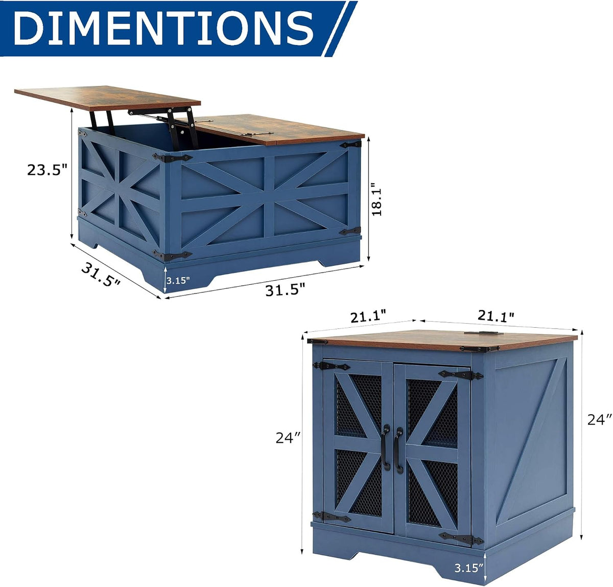Farmhouse Coffee Table and End Table Sets of 3, 3 Piece Living Room Tables Set with Charging Station, Lift Top Coffees and 2 Large Side, Wood Furniture Sets with Storage, Blue