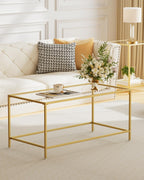 3-Piece Living Room Table Set, Glass Coffee Table with 2 Side Tables, Modern Rectangular Center Table & Square End Tables with Storage Shelves, Golden Metal Frame, Easy Assembly