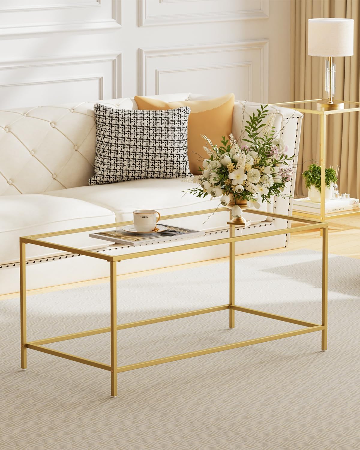 3-Piece Living Room Table Set, Glass Coffee Table with 2 Side Tables, Modern Rectangular Center Table & Square End Tables with Storage Shelves, Golden Metal Frame, Easy Assembly
