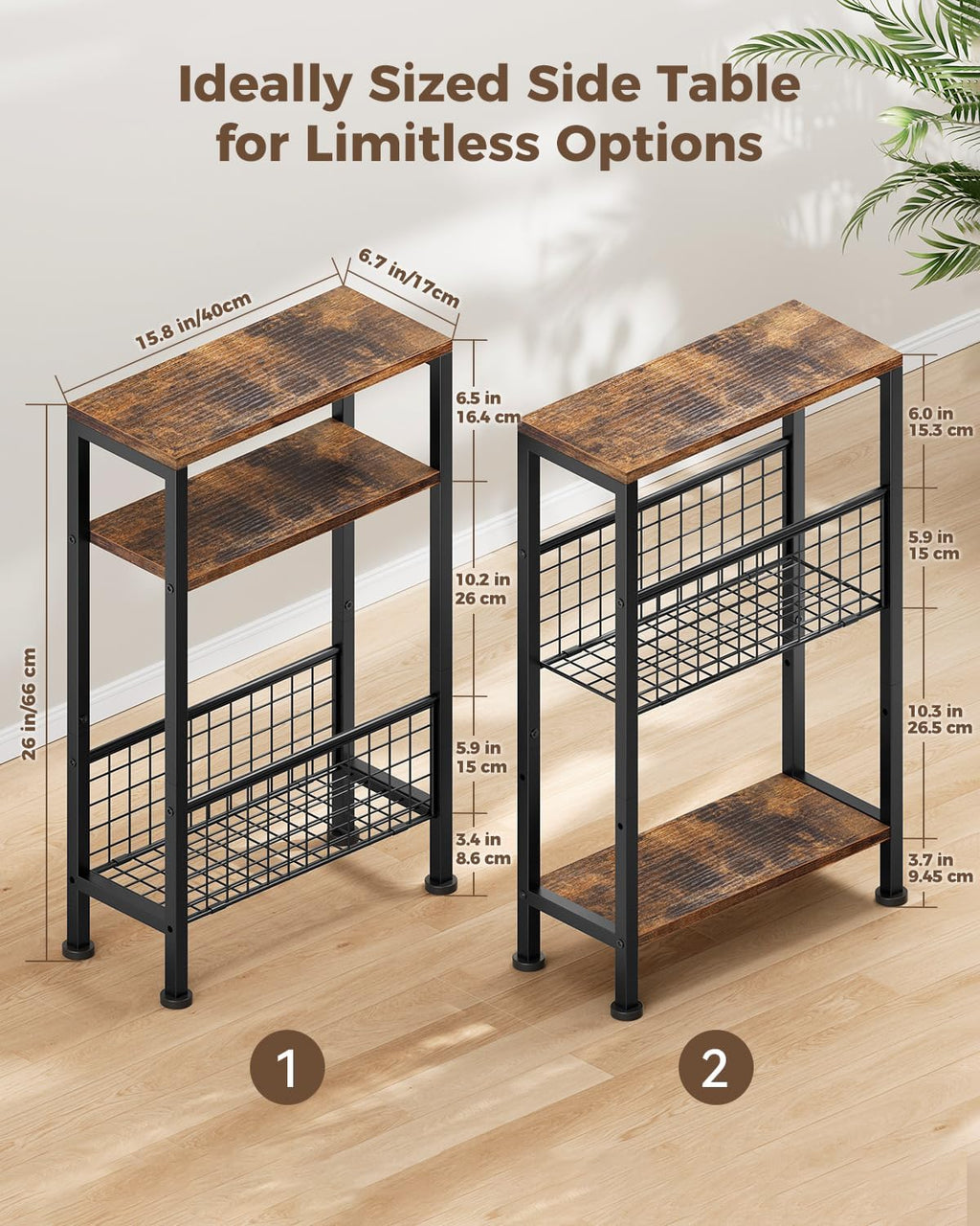 Karii Narrow Side Table, Skinny End Table for Small Spaces with Storage, 3-Tier Slim Wooden Bedside Nightstand Thin Couch Table for Living Room Bedroom Office Dorm Kitchen Bathroom (1, Rustic Brown)