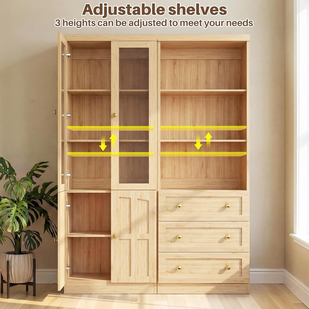 Cyclysio Farmhouse Kitchen Pantry Cabinets - 80" Tall Wood Kitchen Storage Cabinets with Adjustable Shelves & Doors & Drawers, Versatile Storage for Living Room, Kitchen, Set of 2 (Natural)