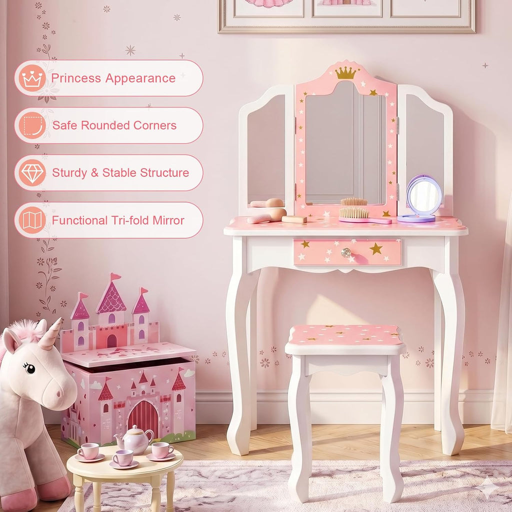 JOYMOR Kids Princess Vanity Table and Chair Set, Kids Vanity Set with Mirror, Makeup Dressing Table with Two 180° Folding Mirror for Girls Age 4-9