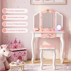 JOYMOR Kids Princess Vanity Table and Chair Set, Kids Vanity Set with Mirror, Makeup Dressing Table with Two 180° Folding Mirror for Girls Age 4-9