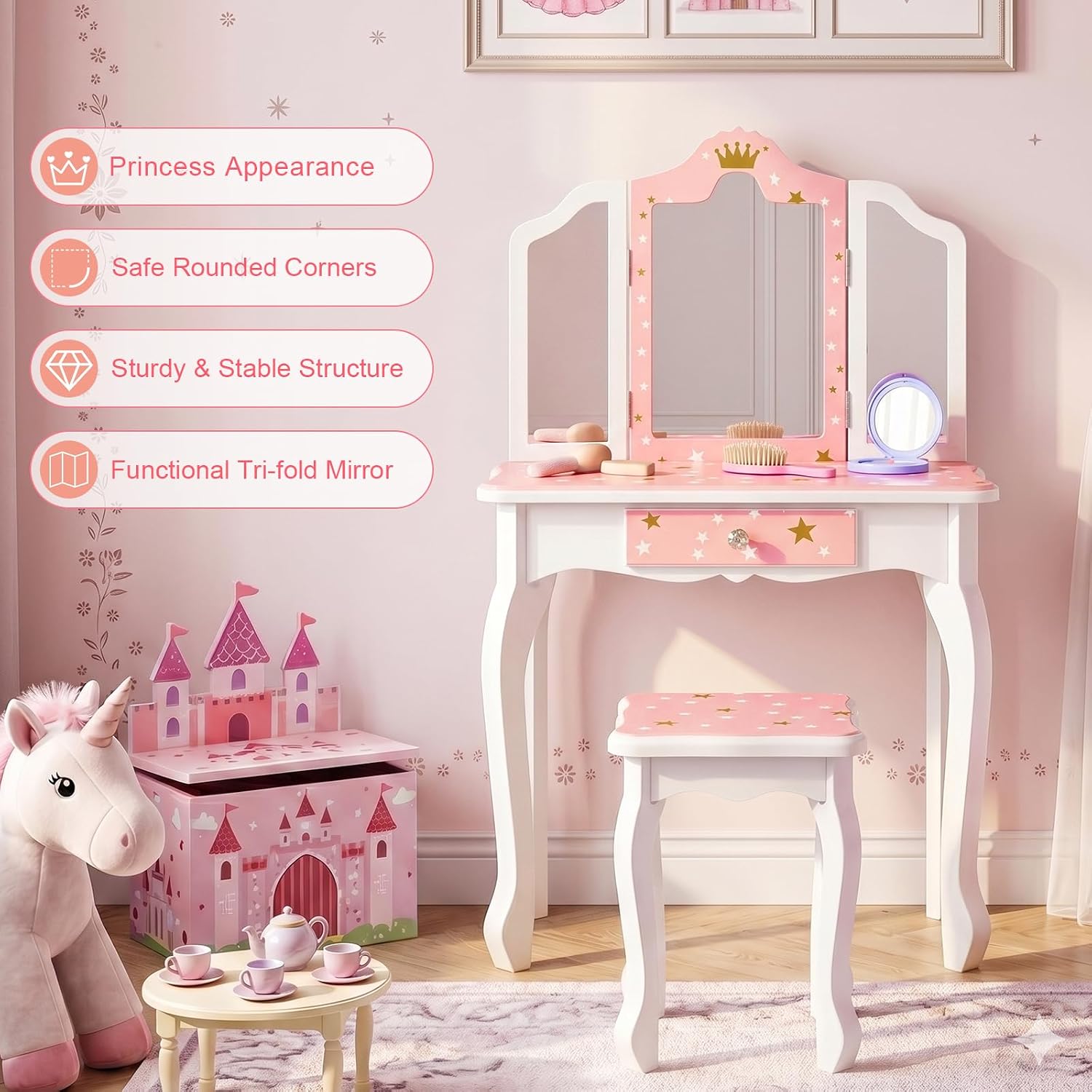 JOYMOR Kids Princess Vanity Table and Chair Set, Kids Vanity Set with Mirror, Makeup Dressing Table with Two 180° Folding Mirror for Girls Age 4-9