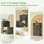 HNEBC 3 in 1 Vanity Desk with Plip Top LED Mirror for Bedroom,Rustic Oaky | Small Dressing Table with Visible Glass Desktop,Compact Vanity with 3 Drawers,Storage Compartment and Padded Stool