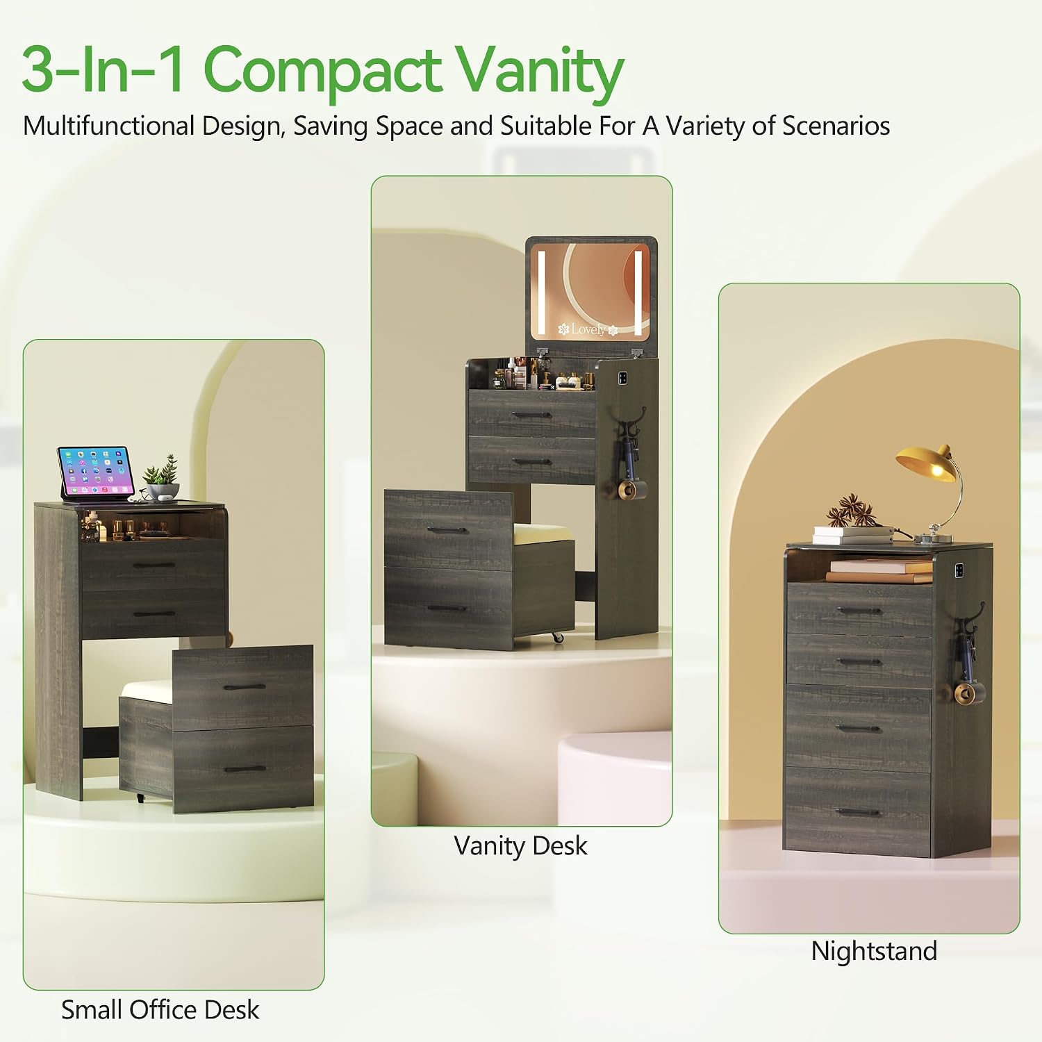 HNEBC 3 in 1 Vanity Desk with Plip Top LED Mirror for Bedroom,Rustic Oaky | Small Dressing Table with Visible Glass Desktop,Compact Vanity with 3 Drawers,Storage Compartment and Padded Stool