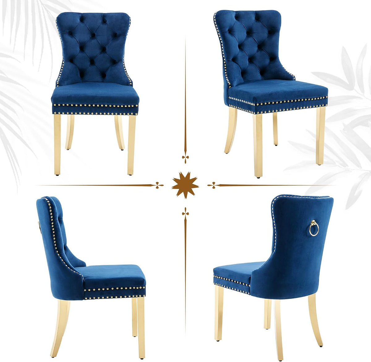 civama Dining Room Chairs Set of 6, Velvet Nikki Collection Dining Chair Upholstered Modern Tufted Kitchen Chair with Nailhead Back Pull Ring Golden Steel Legs, Blue