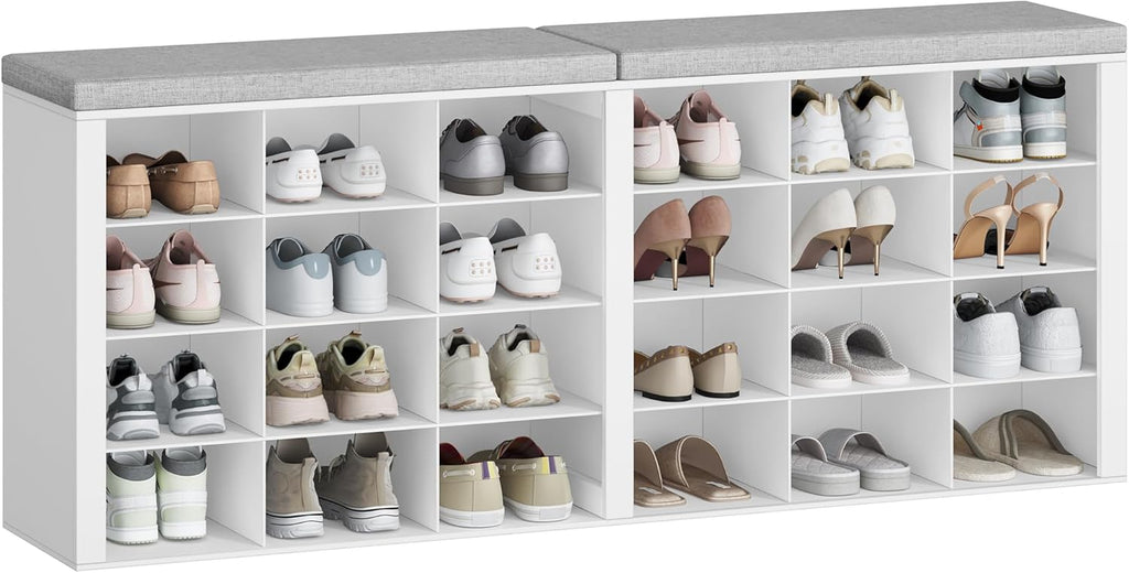 Hzuaneri Shoe Storage Bench with Cushion, Entryway Storage Bench with 24 Cubbies, 9.5" Widened Organizer Cabinet, Long Cubby Rack for Living Room, Bedroom, Entryway, White SB32403GY
