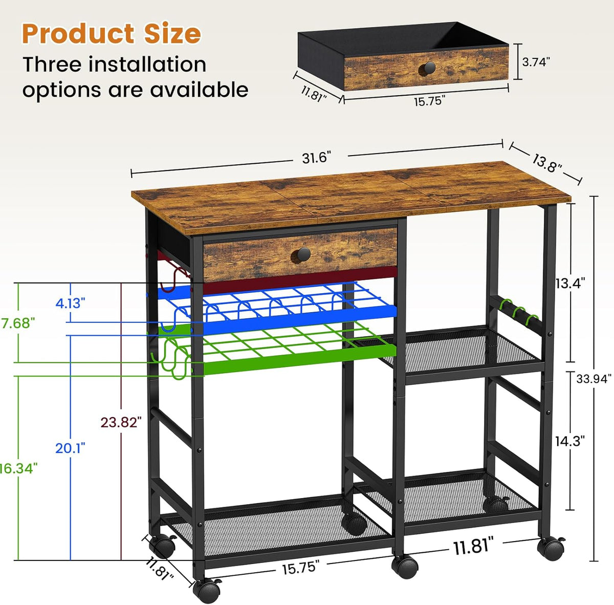 Microwave Stand, Coffee Cart, Microwave Cart with Wheels & Adjustable Shelf | Coffee Bar Table Station, Rolling Storage Cart Organizer Shelf for Living Room, Kitchen Island, Office, Rustic Brown