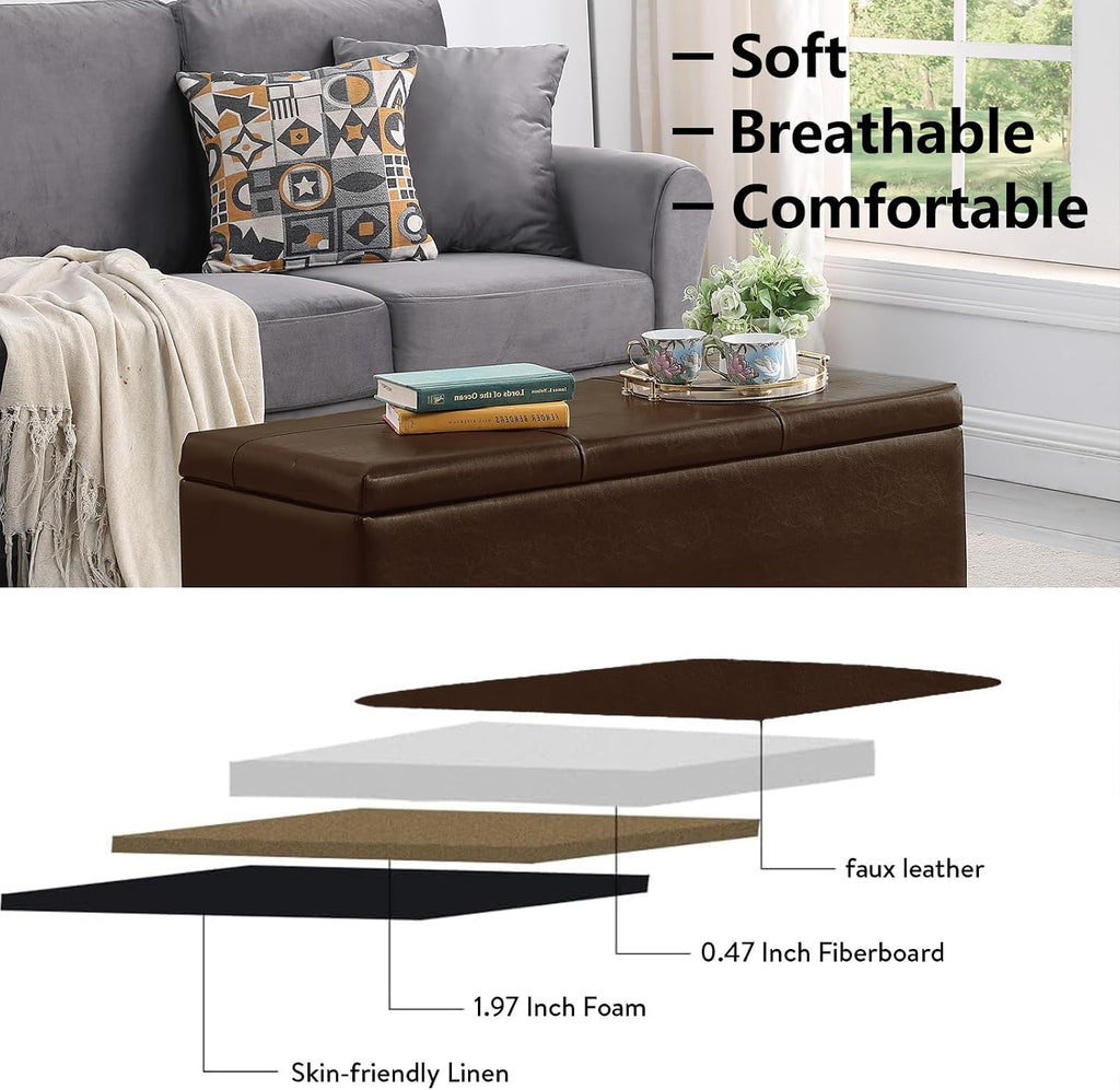 PU Leather Storage Ottomans Set of 3, Tufted Upholstered, Brown | 38 inch Seating Bench, Safety Hinges, No Tools Assembly, Large Store Capacity, Study Wood Frame, Extra Foot Stools
