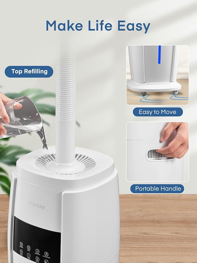 FOHERE 4.8Gal/18L Humidifier Large Room, Easy Top Fill Cool Mist Tower Humidifiers Quiet for Home, Indoor Plant, Commercial, Whole House Cover up to 1500ft², with Smart Humidity Sensor, Remote, White