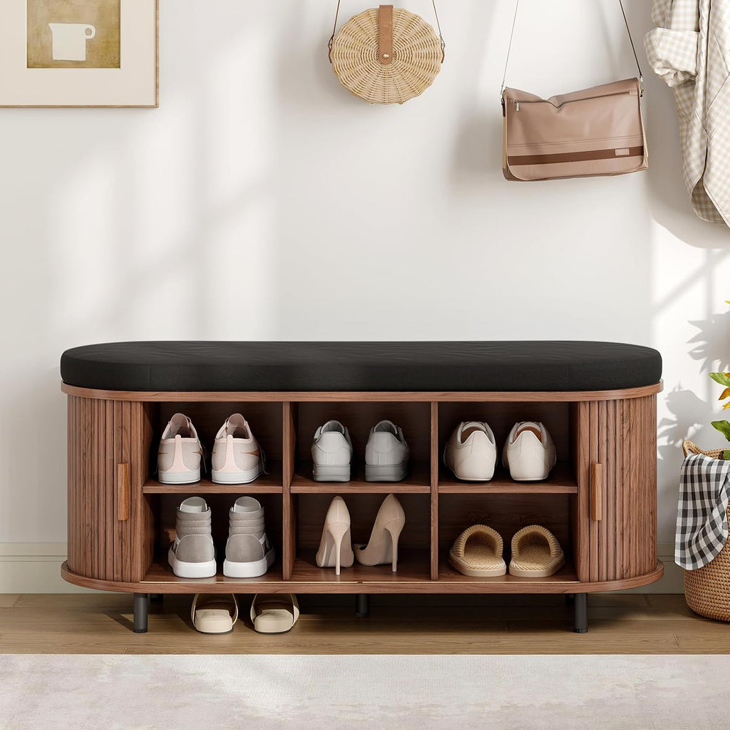 ONBRILL 43" Shoe Bench with Storage, Fluted Shoe Storage Bench with Cushion, Sliding Door and Adjustable Shelf, for Entryway, Hallway, Living Room, Walnut