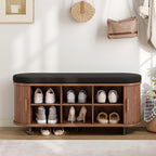 ONBRILL 43" Shoe Bench with Storage, Fluted Shoe Storage Bench with Cushion, Sliding Door and Adjustable Shelf, for Entryway, Hallway, Living Room, Walnut