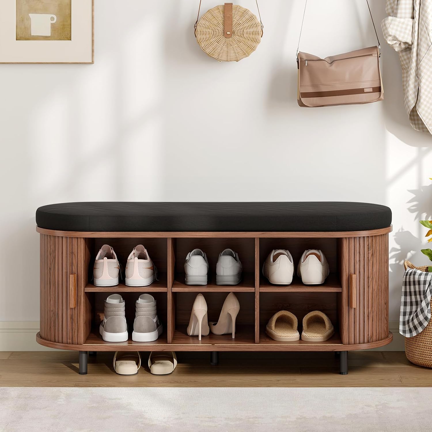 ONBRILL 43" Shoe Bench with Storage, Fluted Shoe Storage Bench with Cushion, Sliding Door and Adjustable Shelf, for Entryway, Hallway, Living Room, Walnut