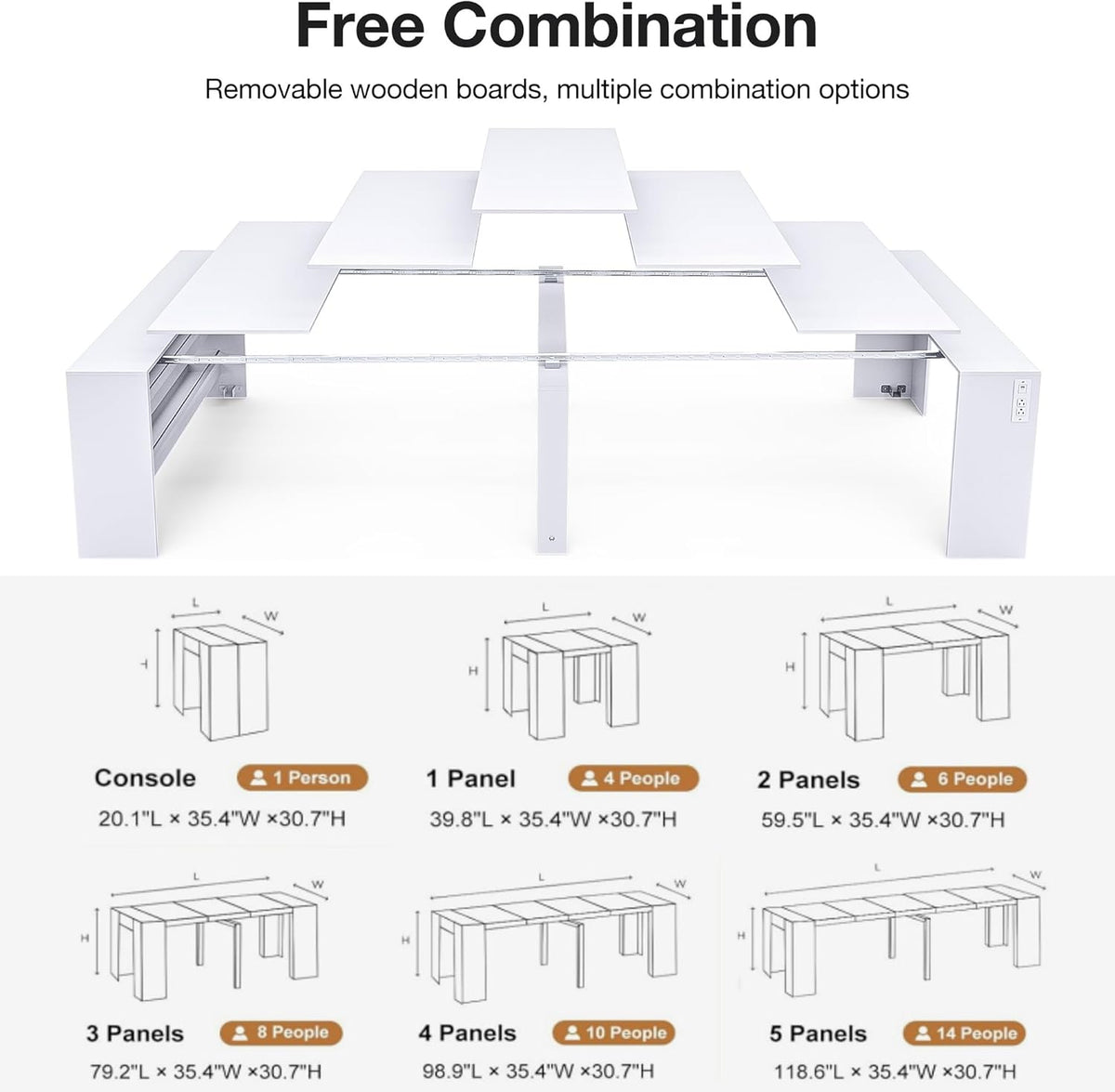 118.2" Modern Extendable Dining Table for 2 to 12 People with Outlet, Space Saving Expanding Table with Storage for Party, Weddings, Meetings, Celebrations (White)