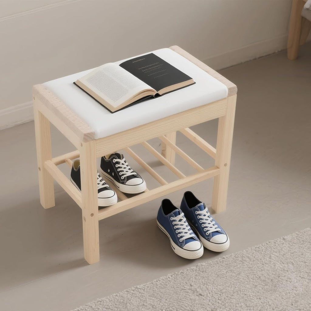 Shoe Bench with Cushion, 2-Tier Bamboo Shoe Rack Bench, Entryway Shoe Storage Organizer with Compartment, Wooden Shoe Storage Bench for Hallway, Living Room, Closet, Bedroom (Burlywood)