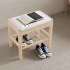Shoe Bench with Cushion, 2-Tier Bamboo Shoe Rack Bench, Entryway Shoe Storage Organizer with Compartment, Wooden Shoe Storage Bench for Hallway, Living Room, Closet, Bedroom (Burlywood)