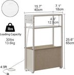 Leomonio White Side Table with Charging Station, Slim End Tables with Linen Basket, Skinny Table for Small Spaces, Thin Bedside Table for Living Room, Bedroom
