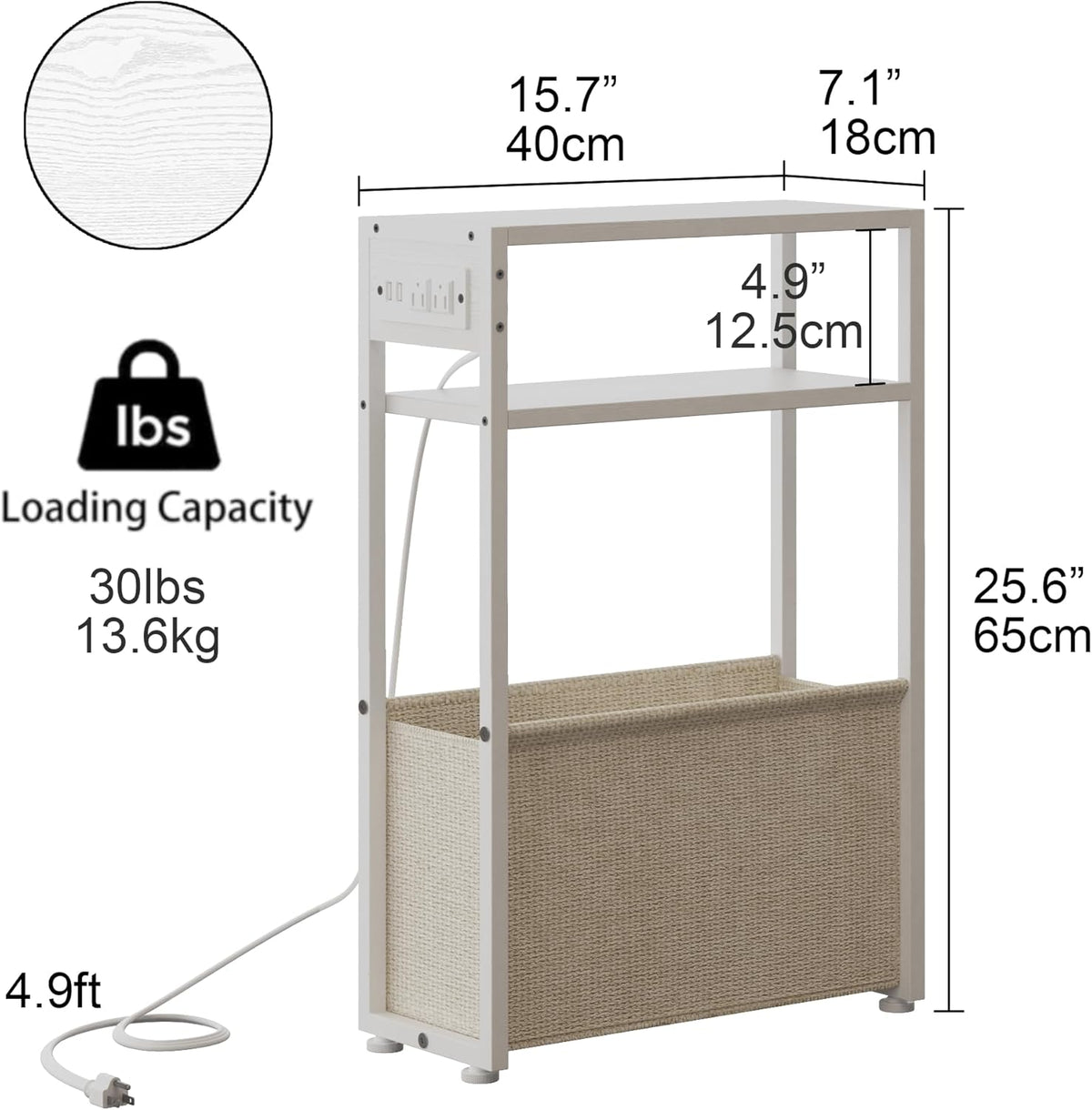 Leomonio White Side Table with Charging Station, Slim End Tables with Linen Basket, Skinny Table for Small Spaces, Thin Bedside Table for Living Room, Bedroom