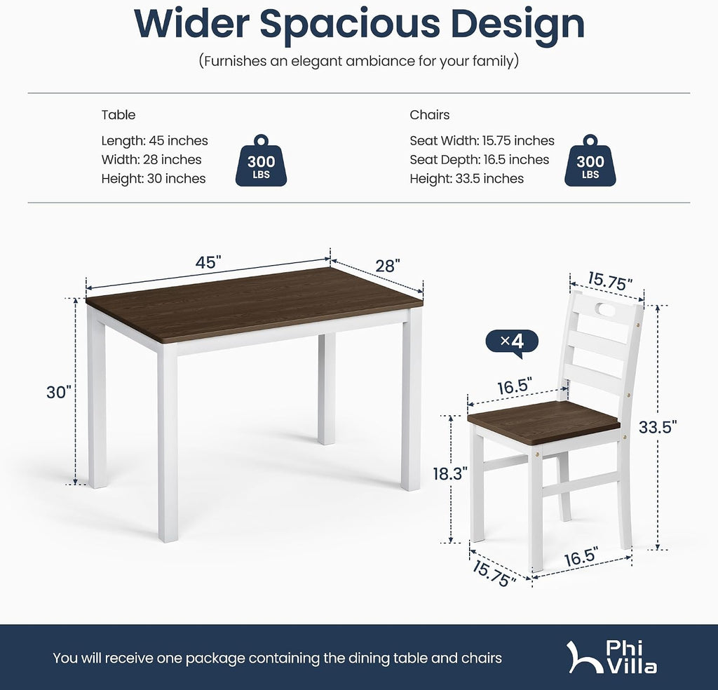 PHI VILLA Dining Table Set for 4, Solid Wood Kitchen Table and Chairs | Solid Rubber Wood, Space Saving, Farmhouse Design, Easy Assembly, Small Kitchen Table Set for Apartment, Black Walnut&Wihte