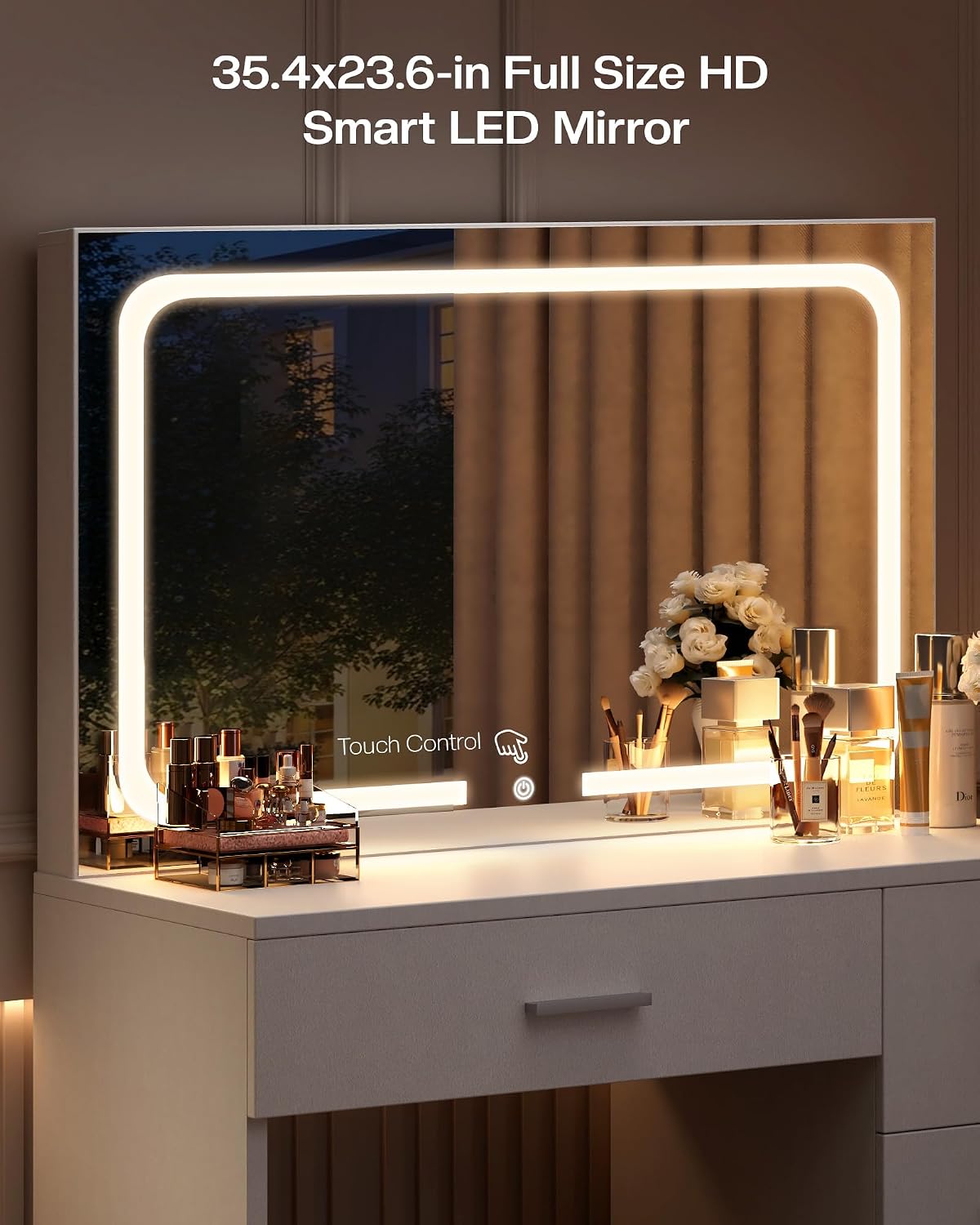 LIVELYGLOW 35.4" White Vanity Desk Set with Full-Width LED Mirror & Stool | 3 Lighting Modes, Charging Station, Cushioned Stool, 4 Drawers