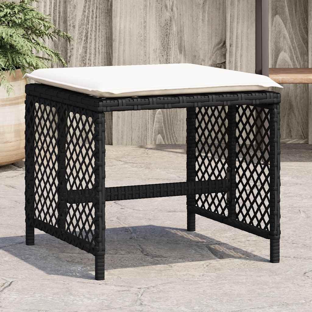 4-Piece Garden Stool Set in Black with Poly Rattan and Powder-Coated Steel, Square Outdoor Seats with Removable Washable Cushion Covers, 14.2-Inch Height for Patio Balcony