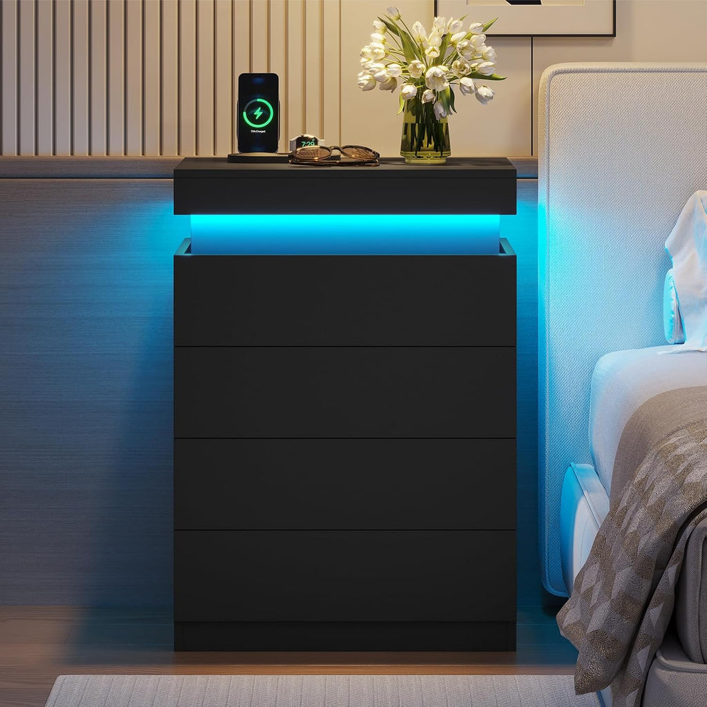ADORNEVE Black Night Stand with Drawers and LED Lights | Bedside Table with Charging Station,Large Nightstand with Sliding Top,Modern End Side Table for Bedroom