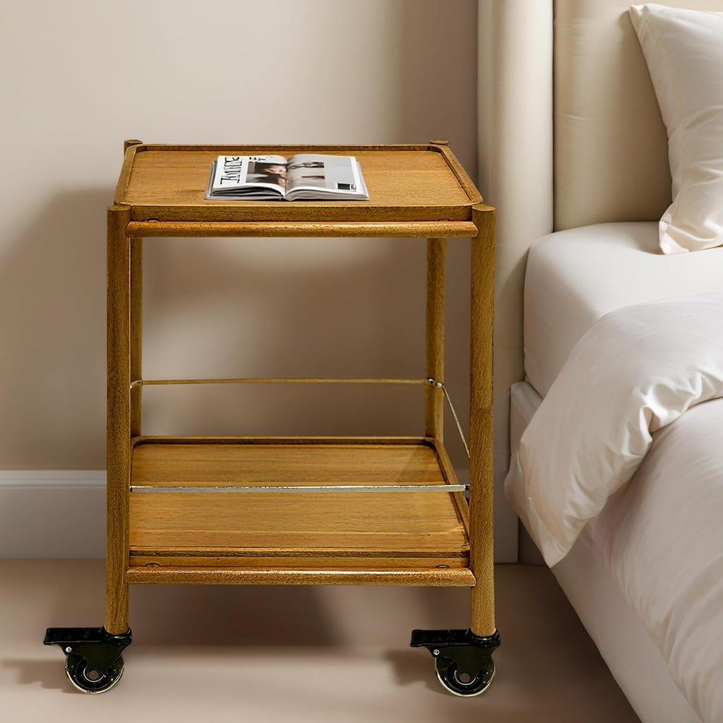 Acacia Wood Rolling Side Table, 2-Tier with Lockable Wheels & Removable Tray, Sturdy Durable for Bar Cart, Nightstand, End Table, Sofa Table