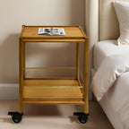 Acacia Wood Rolling Side Table, 2-Tier with Lockable Wheels & Removable Tray, Sturdy Durable for Bar Cart, Nightstand, End Table, Sofa Table