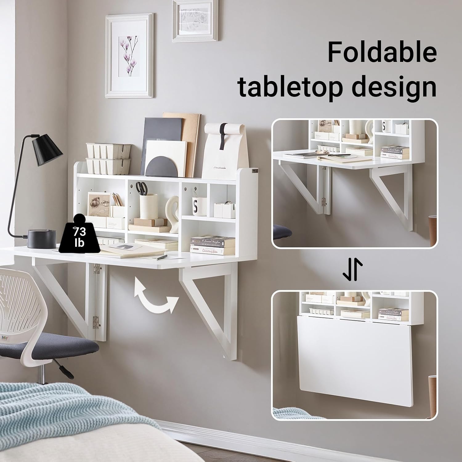 SoBuy Wall Mounted Folding Table | Floating Desk for Small Spaces, Fold Down Workstation Table with Adjustable Shelf for Home, Office, Bedroom, White